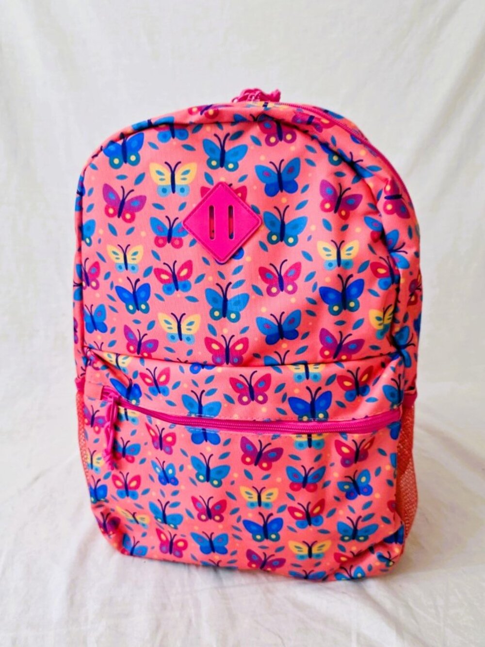 NWOT! Lightweight Pink/Orange Backpack w/Butterflies Design and Bottle Pockets